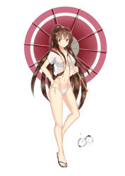 Rule 34 | 10s, 1girl, absurdres, alternate costume, bikini, blush, breasts, brown hair, full body, highres, jacket, kantai collection, long hair, md5 mismatch, navel, nipples, ponytail, red eyes, reon-shi, sandals, see-through, side-tie bikini bottom, simple background, smile, solo, standing, swimsuit, topless, umbrella, very long hair, yamato (kancolle)