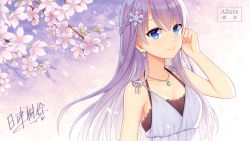 Rule 34 | 1girl, bare arms, bare shoulders, blue eyes, blurry, blurry background, blush, braid, branch, breasts, cherry blossoms, cleavage, closed mouth, collarbone, commentary request, depth of field, dress, earrings, flower, hair between eyes, hair ornament, hairclip, hand up, hitsuki rei, jewelry, long hair, medium breasts, original, pendant, purple flower, purple hair, sleeveless, sleeveless dress, smile, solo, upper body, very long hair, white dress