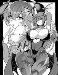 Rule 34 | 2girls, animal print, arms behind head, bare shoulders, bat print, bat wings, breasts, bridal gauntlets, cleavage, clothing cutout, covered erect nipples, demon girl, fur collar, greyscale, head wings, heart cutout, huge breasts, leotard, licking lips, lilith aensland, long hair, looking at viewer, low wings, monochrome, morrigan aensland, multiple girls, open mouth, pantyhose, print legwear, short hair, simple background, tongue, tongue out, vampire (game), wings, yasakani an