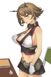 Rule 34 | 10s, 1girl, a1 (initial-g), areola slip, arm at side, bare shoulders, black skirt, breasts, chain, cleavage, collarbone, cowboy shot, crop top, desk, flipped hair, gloves, green eyes, hair between eyes, head tilt, headgear, kantai collection, large breasts, light brown hair, lips, looking at viewer, midriff, miniskirt, mutsu (kancolle), navel, no bra, parted lips, pleated skirt, puffy nipples, shirt, short hair, skirt, sleeveless, sleeveless shirt, solo, standing, sweat, tongue, tongue out, upper body, white gloves