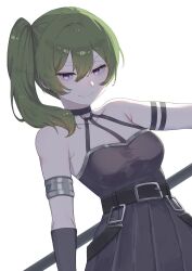 Rule 34 | 1girl, black dress, breasts, closed mouth, dress, elbow gloves, gloves, green hair, hair between eyes, halberd, highres, holding, holding halberd, holding weapon, long hair, looking at viewer, medium breasts, mosa 1120, polearm, purple eyes, side ponytail, simple background, smile, solo, sousou no frieren, ubel (sousou no frieren), weapon, white background