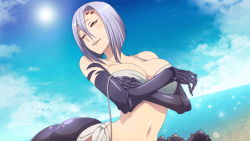 Rule 34 | 1girl, arachne, arms under breasts, arthropod girl, artist request, bare shoulders, beach, breasts, carapace, claws, extra eyes, game cg, hair between eyes, insect girl, large breasts, midriff, monster girl, monster musume no iru nichijou, monster musume no iru nichijou online, multiple legs, navel, official alternate costume, official art, parted lips, purple hair, rachnera arachnera, red eyes, short hair, side-tie skirt, skirt, smile, solo, spider girl, taur, water, white skirt