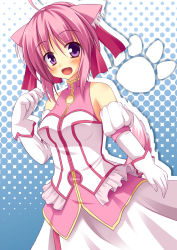 Rule 34 | 10s, 1girl, ahoge, animal ear fluff, animal ears, bare shoulders, blush, dog days, dog ears, dog girl, dog tail, dress, elbow gloves, gloves, hair ribbon, highres, long dress, long skirt, millhiore f. biscotti, open mouth, paw print, pink hair, purple eyes, ribbon, skirt, smile, solo, tail, wizard erk