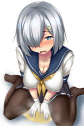 Rule 34 | 1girl, black pantyhose, blue eyes, blue skirt, blush, breasts, cleavage, collarbone, crying, embarrassed, female focus, from above, gloves, hair ornament, hair over one eye, hairclip, half-closed eyes, hamakaze (kancolle), jpeg artifacts, kantai collection, large breasts, looking at viewer, looking up, neckerchief, nose blush, open mouth, pantyhose, pee, peed self, peeing, peeing self, pleated skirt, puddle, school uniform, serafuku, shirt, short hair, short sleeves, silver hair, simple background, sitting, skirt, solo, steam, tears, teeth, terakoya, v arms, wariza, white background, white gloves, white shirt, yellow neckerchief