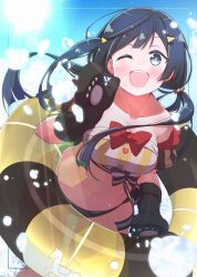 Rule 34 | 1girl, beach, bikini, black hair, blue sky, blush, breasts, cleavage, commentary, grey eyes, holding, holding swim ring, infinity! our wings!!, innertube, long hair, love live!, love live! nijigasaki high school idol club, low twintails, medium breasts, mittens, one eye closed, one side up, repunit, sky, smile, solo, swim ring, swimsuit, twintails, yuuki setsuna (love live!)