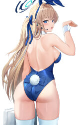 Rule 34 | 1girl, absurdres, animal ears, ass, back, backless leotard, bare shoulders, blonde hair, blue archive, blue bow, blue eyes, blue hairband, blue leotard, bow, bowtie, braid, breasts, briefcase, cowboy shot, detached collar, earpiece, fake animal ears, fake tail, from behind, hairband, hand up, highleg, highleg leotard, highres, holding, holding briefcase, large breasts, leotard, long hair, looking back, microphone, mitsukayurie, multicolored hair, official alternate costume, official alternate hairstyle, open mouth, playboy bunny, rabbit ears, rabbit pose, rabbit tail, sideboob, signature, simple background, solo, streaked hair, tail, thighhighs, thighs, toki (blue archive), toki (bunny) (blue archive), very long hair, white background, white thighhighs, wrist cuffs