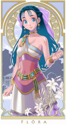 Rule 34 | 1girl, art nouveau, bare arms, bare shoulders, blue eyes, blue hair, blush, bow, bracelet, breasts, choker, cowboy shot, dragon quest, dragon quest v, dress, earrings, flora (dq5), flower, hair bow, half updo, highres, jewelry, long hair, pink bow, smile, solo, user wvya4344, white dress