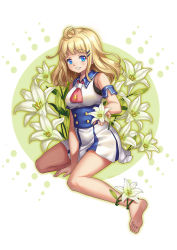 Rule 34 | 1girl, ahoge, anklet, bare legs, bare shoulders, barefoot, blonde hair, blue eyes, dress, feet, flower, hair ornament, hairclip, highres, holding, holding flower, jewelry, lily (flower), long hair, mafelili, smile, soles, solo, toes
