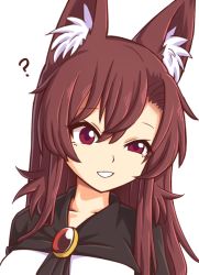 Rule 34 | 1girl, ?, animal ear fluff, animal ears, brooch, brown hair, hair between eyes, imaizumi kagerou, jewelry, long hair, open mouth, red eyes, simple background, smile, solo, touhou, upper body, white background, wolf ears, wool (miwol)