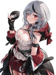 Rule 34 | 1girl, absurdres, arm strap, belt, black belt, black gloves, black jacket, blush, bow, breasts, camisole, cleavage, closed mouth, ear piercing, eye mask, fingerless gloves, garter straps, glint, gloves, grey hair, hair ornament, highres, holding, holding mask, hololive, hood, hood down, hooded jacket, jacket, kaguya (srx61800), large breasts, long hair, looking at viewer, mask, miniskirt, multicolored hair, piercing, plaid, plaid bow, plaid skirt, red eyes, red nails, red skirt, sakamata chloe, simple background, skirt, solo, streaked hair, virtual youtuber, wavy hair, white background, white camisole, x hair ornament