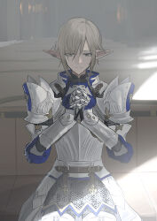 Rule 34 | 1boy, armor, breastplate, chainmail, chihuri, closed mouth, ear piercing, final fantasy, final fantasy xiv, gauntlets, green eyes, hair over one eye, hands up, highres, indoors, interlocked fingers, light brown hair, male focus, own hands clasped, own hands together, pauldrons, piercing, pointy ears, shoulder armor, solo, zephirin de valhourdin