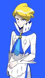 Rule 34 | 1boy, absurdres, apron, ascot, blonde hair, blue ascot, blue background, blue eyes, border, closed mouth, commentary request, creatures (company), game freak, high collar, highres, long sleeves, looking at viewer, male focus, mikanbako (aitatadon3), nintendo, outside border, pants, pokemon, pokemon xy, shirt, short hair, siebold (pokemon), simple background, solo, white border, white pants, white shirt