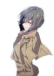Rule 34 | 1girl, brown eyes, closers, coat, gloves, half-closed eyes, highres, looking back, short hair, simple background, smile, solo, supernew, trench coat, white background