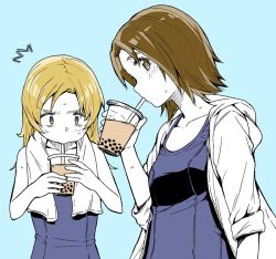 Rule 34 | aokaze (mimi no uchi), blue background, blush, bubble tea, cup, disposable cup, drink, drinking straw, girls und panzer, holding, holding cup, hood, hoodie, looking at viewer, multiple girls, one-piece swimsuit, orange pekoe (girls und panzer), sawa azusa, school swimsuit, short hair, simple background, swimsuit, towel, towel around neck