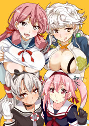 Rule 34 | 10s, 4girls, akashi (kancolle), amatsukaze (kancolle), aoi manabu, beret, black eyes, black gloves, black serafuku, blue hair, blush, braid, breast envy, breast rest, breasts, breasts on head, brown eyes, choker, cleavage, cloud print, dress, gloves, gradient hair, hair ribbon, harusame (kancolle), hat, kantai collection, large breasts, long hair, looking at viewer, multicolored hair, multiple girls, open mouth, pink eyes, pink hair, ribbon, sailor collar, sailor dress, school uniform, serafuku, side ponytail, silver hair, single braid, smile, twintails, two side up, underboob, unryuu (kancolle), very long hair