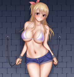 Rule 34 | 1girl, against wall, bare arms, bare shoulders, bikini, bikini top only, black eyes, blonde hair, blush, breasts, breasts apart, cleavage, closed mouth, cowboy shot, cuffs, fairy tail, hair ribbon, hip focus, indoors, large breasts, legs, legs together, long hair, looking at viewer, lucy heartfilia, navel, ponte, ponytail, restrained, ribbon, short shorts, shorts, side ponytail, solo, standing, swimsuit, thighs, wall, white bikini
