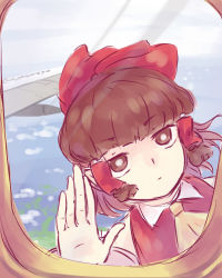 Rule 34 | 1girl, against glass, aircraft, airplane, ascot, blunt bangs, bow, bright pupils, closed mouth, day, expressionless, eyebrows, hair bow, hair tubes, hakurei reimu, highres, looking at viewer, ocean, outdoors, palms, red bow, sketch, solo, textless version, touhou, upper body, white pupils, window, yoruny