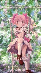 Rule 34 | 1girl, absurdres, gloves, highres, kaname madoka, kaname madoka (magical girl), kyubey, looking at viewer, mahou shoujo madoka magica, open mouth, pink eyes, pink hair, puffy short sleeves, puffy sleeves, sengoku chidori, short sleeves, short twintails, sitting, smile, solo, twintails, white gloves