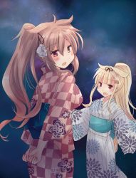 Rule 34 | 2girls, alternate costume, arms behind back, blonde hair, blush, breasts, commentary request, floral print, flower, hair between eyes, hair flaps, hair flower, hair ornament, hair ribbon, hairclip, heterochromia, highres, hirune (konekonelkk), japanese clothes, kantai collection, kimono, large breasts, looking at viewer, looking back, multiple girls, murasame (kancolle), night, night sky, open mouth, orange eyes, outstretched arms, ponytail, red eyes, ribbon, sidelocks, sky, yukata, yuudachi (kancolle)
