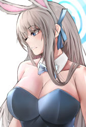 Rule 34 | 1girl, animal ears, asuna (blue archive), bare shoulders, blue archive, blue bow, blue bowtie, blue eyes, blue leotard, blue ribbon, blush, bow, bowtie, breasts, cleavage, clenched teeth, detached sleeves, fake animal ears, grey hair, hair ribbon, halo, highres, large breasts, leotard, long hair, playboy bunny, rabbit ears, ribbon, simple background, solo, strapless, strapless leotard, teeth, umber00, upper body, very long hair, white background