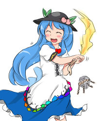 Rule 34 | 1girl, :d, ^ ^, absurdres, baker at bat, blue hair, blush, bow, bowtie, dress, closed eyes, food, food on head, fruit, fruit on head, happy, hat, highres, hinanawi tenshi, keystone, king (ougon kingyo-bachi), layered dress, long hair, new horizon, object on head, open mouth, parody, peach, playing, sketch, smile, solo, sword of hisou, touhou, very long hair