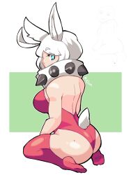Rule 34 | 1girl, ahoge, ass, ass focus, blue eyes, breasts, collar, elphelt valentine, guilty gear, guilty gear xrd, highres, large breasts, leotard, looking back, mole, mole on ass, playboy bunny, rabbit ears, rabbit girl, rabbit tail, red leotard, sitting, spiked collar, spikes, thighhighs, white hair