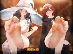 Rule 34 | 2girls, absurdres, alternate skin color, barefoot, blue eyes, blush, breasts, brown eyes, brown hair, elden ring, feet, foot focus, highres, higuchi madoka, idolmaster, idolmaster shiny colors, jewelry, large breasts, large hat, crossed legs, long hair, looking at viewer, medium hair, multiple girls, nail polish, parted lips, ranni the witch, robe, sitting, smell, soles, steam, sweat, toe ring, toenail polish, toenails, toes, ursica