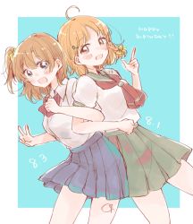 Rule 34 | 10s, 2girls, :d, ahoge, back-to-back, blue background, blue eyes, blue skirt, blush, bow, bowtie, braid, brown hair, collared shirt, dated, hair bow, hair ornament, hairpin, happy birthday, in-franchise crossover, index finger raised, kosaka honoka, kudo (low temp), locked arms, looking at viewer, love live!, love live! school idol project, love live! sunshine!!, multiple girls, neckerchief, one side up, open mouth, orange hair, otonokizaka school uniform, pleated skirt, red eyes, red neckwear, school uniform, shirt, short hair, short sleeves, side braid, skirt, smile, takami chika, uranohoshi school uniform, v, white shirt, yellow bow