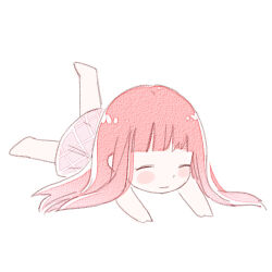 Rule 34 | 1girl, artist request, bare arms, bare legs, barefoot, blunt bangs, blush stickers, chibi, closed eyes, closed mouth, dress, full body, hair spread out, long hair, lowres, lying, nikki (miracle nikki), nikki (series), official art, on stomach, pink dress, pink hair, plaid, plaid clothes, plaid dress, second-party source, shining nikki, short dress, simple background, smile, solo, straight hair, white background