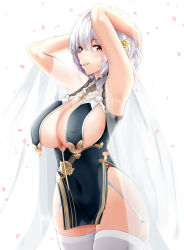 Rule 34 | 1girl, absurdres, azur lane, bare shoulders, blush, braid, breast curtains, breasts, china dress, chinese clothes, cleavage, closed mouth, collarbone, commentary request, covered navel, cowboy shot, dress, garter straps, gloves, grey dress, hair between eyes, hair ornament, half gloves, highres, large breasts, masaki nanaya, neckwear between breasts, pelvic curtain, petals, red eyes, revealing clothes, see-through, see-through sleeves, shiny skin, short hair, side braid, sideboob, simple background, sirius (azur lane), sirius (azure horizons) (azur lane), skindentation, smile, solo, standing, thighhighs, thighs, two-tone leotard, underboob, white background, white gloves, white hair, white thighhighs