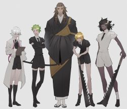 Rule 34 | 5boys, achilles (fate), asclepius (fate), belt, black footwear, black gloves, black hair, black jacket, black kimono, black necktie, black shorts, blonde hair, boots, brown hair, chiron (fate), clipboard, closed eyes, collared shirt, cosplay, crossed arms, crossed bangs, curtained hair, dark-skinned male, dark skin, elbow gloves, expressionless, facing viewer, fate/grand order, fate (series), full body, gem uniform (houseki no kuni), gloves, gradient hair, green eyes, green hair, hair between eyes, hand on hilt, hands in opposite sleeves, hands on hilt, haruakira, heracles (fate), highres, holding, holding clipboard, houseki no kuni, jacket, jagged sword, japanese clothes, jason (fate), kesa, kimono, kongou sensei, kongou sensei (cosplay), lab coat, leaning forward, long hair, looking ahead, looking at another, looking at object, looking down, multicolored hair, multiple boys, necktie, open mouth, parody, parted lips, pink hair, profile, puffy short sleeves, puffy sleeves, sandals, scowl, sheath, sheathed, shirt, shoes, short hair, short hair with long locks, short sleeves, shorts, simple background, sleeves past fingers, sleeves past wrists, smile, socks, spiked hair, standing, straight-on, sweatdrop, teacher and student, thighhighs, white background, white hair, white jacket, white shirt, white shorts, yellow eyes, zouri