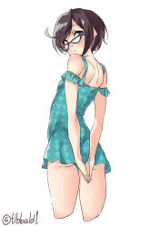 Rule 34 | 10s, 1girl, arms behind back, ass, back, blue-framed eyewear, blue one-piece swimsuit, blush, brown eyes, brown hair, cowboy shot, cropped legs, ebifurya, from behind, glasses, highres, kantai collection, looking at viewer, looking back, okinami (kancolle), one-piece swimsuit, open mouth, short hair, simple background, solo, swimsuit, thigh gap, twitter username, white background