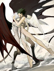 Rule 34 | 2boys, absurdres, angel, angel wings, black hair, black nails, blood, blood from mouth, blood on leg, blood sucking, blue eyes, brown eyes, child, convenient censoring, demon boy, demon tail, demon wings, digitigrade, feathered wings, fingernails, full body, gon freecss, highres, hunter x hunter, k.g (matsumoto zo), killua zoldyck, male focus, messy hair, monsterification, multiple boys, nail polish, nude, pale skin, sharp fingernails, sharp toenails, short hair, skinny, spiked hair, spread wings, tail, talons, toenails, white hair, wings