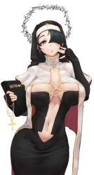 Rule 34 | 1girl, absurdres, alternate costume, arrow (projectile), arrow (symbol), azazel (last origin), bad id, bad pixiv id, black hair, book, breasts, center opening, chain, chain necklace, cowboy shot, cross, cross cutout, finger to cheek, greentree, habit, hair over one eye, halo, highres, holding, holding book, jewelry, large breasts, last origin, long hair, looking at viewer, navel, necklace, no bra, nun, purple eyes, revealing clothes, smile, turtleneck