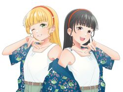 Rule 34 | 2girls, belt, black hair, blonde hair, blue shirt, blunt bangs, brown belt, brown eyes, collarbone, commentary request, green eyes, hairband, hand up, heanna sumire, highres, long hair, looking at viewer, love live!, love live! superstar!!, multiple girls, one eye closed, open mouth, orange hairband, payton naomi, print shirt, shirt, short sleeves, single off shoulder, sleeveless, sleeveless shirt, upper body, voice actor, voice actor connection, wabe417, white background, white shirt