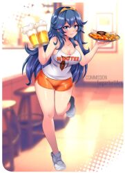 Rule 34 | 1girl, alternate breast size, alternate costume, bare arms, bare legs, bare shoulders, beer mug, blue eyes, blue hair, breasts, cleavage, commentary request, cup, fire emblem, fire emblem awakening, full body, grin, hands up, holding, holding cup, hooters, indoors, large breasts, long hair, looking at viewer, lucina (fire emblem), mug, nintendo, orange shorts, shoes, short shorts, shorts, smile, sneakers, solo, standing, standing on one leg, sugarbell, tank top, thighs, tiara, tray, very long hair, waitress, white footwear, white tank top