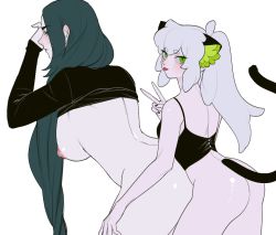 Rule 34 | 2girls, animal ears, bad id, bad poipiku id, black camisole, black hair, black nails, black shirt, bottomless, breasts, camisole, cat ears, cat girl, cat tail, clothes lift, from behind, genderswap, genderswap (mtf), green eyes, large breasts, long hair, long sleeves, looking at viewer, luo xiaohei, mandudaein, multiple girls, nail polish, nipples, ponytail, profile, shirt, shirt lift, simple background, tail, luo xiaohei zhanji, tongue, tongue out, v, very long hair, white background, white hair, wuxian (the legend of luoxiaohei), yuri