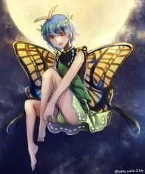 Rule 34 | 1girl, antennae, aqua hair, bare legs, barefoot, butterfly wings, dress, eternity larva, fairy, full body, green dress, hair between eyes, insect wings, kaede (mmkeyy), leaf, leaf on head, multicolored clothes, multicolored dress, open mouth, orange eyes, short hair, short sleeves, single strap, smile, solo, touhou, twitter username, wings