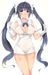 Rule 34 | 10s, 1girl, black hair, blush, bow, breasts, cleavage, cleavage cutout, clothing cutout, dress, dungeon ni deai wo motomeru no wa machigatteiru darou ka, female focus, gloves, hestia (danmachi), highres, huge breasts, light smile, long hair, looking at viewer, rei no himo, ribbon, simple background, sinonomescocoa, solo, thighs, twintails, white background