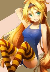 Rule 34 | 10s, 1girl, 2014, alternate costume, blonde hair, blush, breasts, female focus, green eyes, hairband, long hair, looking at viewer, mascot, one-piece swimsuit, ootori kohaku, open mouth, personification, school swimsuit, signature, sitting, solo, striped clothes, striped thighhighs, swimsuit, thighhighs, tilt-shift (azalanz), unity-chan, unity (game engine), very long hair