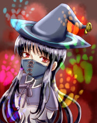 Rule 34 | 10s, 1girl, akemi homura, ayukazu, black hair, half mask, hat, highres, homulilly, long hair, looking at viewer, magical girl, mahou shoujo madoka magica, mahou shoujo madoka magica: hangyaku no monogatari, mask, mouth mask, red eyes, spoilers, witch (madoka magica), witch hat