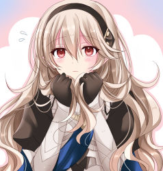 Rule 34 | 1girl, armor, armored dress, black gloves, black hairband, blush, closed mouth, commentary request, corrin (female) (fire emblem), corrin (fire emblem), dress, fire emblem, fire emblem fates, flying sweatdrops, gloves, hair between eyes, hairband, hands in hair, holding, holding hair, kirishima riona, long hair, looking at viewer, nintendo, platinum blonde hair, puffy sleeves, red eyes, solo, upper body, wavy hair