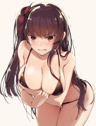 Rule 34 | 1girl, akahito, alternate costume, arm under breasts, ass, bare shoulders, bikini, black bikini, blush, braid, breasts, cleavage, collarbone, commentary, embarrassed, french braid, girls&#039; frontline, hair ribbon, half updo, highres, large breasts, leaning forward, long hair, looking at viewer, one side up, open mouth, purple hair, red eyes, red ribbon, ribbon, sidelocks, simple background, skindentation, solo, stomach, swimsuit, tearing up, thighs, trembling, tsurime, very long hair, wa2000 (girls&#039; frontline), wet