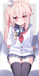 Rule 34 | 1girl, acchii (akina), black sailor collar, black skirt, black thighhighs, blue archive, blush, cardigan, drink, drinking straw, halo, highres, holding, holding drink, long hair, long sleeves, looking at viewer, milk carton, natsu (blue archive), neckerchief, parted lips, pink hair, pink halo, pleated skirt, red eyes, red neckerchief, sailor collar, side ponytail, skirt, solo, thighhighs, white cardigan