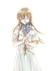 Rule 34 | 1girl, 203wolves, blue flower, bouquet, brown hair, closed eyes, dress, facing viewer, flower, hair between eyes, holding, holding bouquet, long hair, off-shoulder dress, off shoulder, short sleeves, simple background, solo, standing, straight hair, tenjouin asuka, very long hair, white background, white dress, yu-gi-oh!, yu-gi-oh! gx