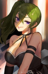 Rule 34 | 1girl, :p, arm strap, bare shoulders, black choker, black dress, breasts, chocojax, choker, cleavage, commentary, dress, green hair, halter dress, halterneck, highres, large breasts, long hair, looking at viewer, purple eyes, side ponytail, solo, sousou no frieren, tongue, tongue out, ubel (sousou no frieren), upper body