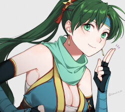 Rule 34 | 1girl, black gloves, blue headband, blue kimono, breasts, cleavage, closed mouth, commentary request, earrings, elbow gloves, fingerless gloves, fire emblem, fire emblem: the blazing blade, fire emblem heroes, gloves, green eyes, green hair, green scarf, grey background, headband, highres, japanese clothes, jewelry, kimono, long hair, looking at viewer, lyn (fire emblem), lyn (ninja) (fire emblem), medium breasts, ninja, nintendo, official alternate costume, peach11 01, ponytail, sarashi, scarf, simple background, sleeveless, sleeveless kimono, smile, solo, twitter username, very long hair