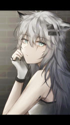 Rule 34 | 1girl, animal ears, arknights, bare arms, bare shoulders, black nails, fingerless gloves, gloves, grey eyes, hair between eyes, hair ornament, hairclip, hand up, highres, indoors, kiyakyuu, lappland (arknights), letterboxed, long hair, looking at viewer, material growth, nail polish, oripathy lesion (arknights), scar, scar across eye, scar on face, silver hair, solo, strapless, tube top, upper body, white gloves, wolf ears