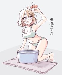 Rule 34 | 1girl, bandaid, bandaid on face, barefoot, basin, bra, breasts, cleavage, commentary request, crab, highres, kantai collection, light brown hair, medium breasts, oboro (kancolle), panties, purple eyes, short hair, sports bra, tatahai, underwear, underwear only, white bra, white panties