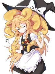 Rule 34 | &gt; &lt;, 1girl, ?, apron, black headwear, black skirt, black vest, blonde hair, bow, braid, closed eyes, closed mouth, commentary request, cookie (touhou), expressionless, feet out of frame, frilled apron, frills, hat, hat bow, highres, inabahitomi, kirisame marisa, living clothes, long hair, puffy short sleeves, puffy sleeves, red bow, shirt, short sleeves, side braid, simple background, single braid, skirt, star (symbol), suzu (cookie), tentacle clothes, tentacles, touhou, vest, waist apron, white apron, white background, white shirt, witch hat